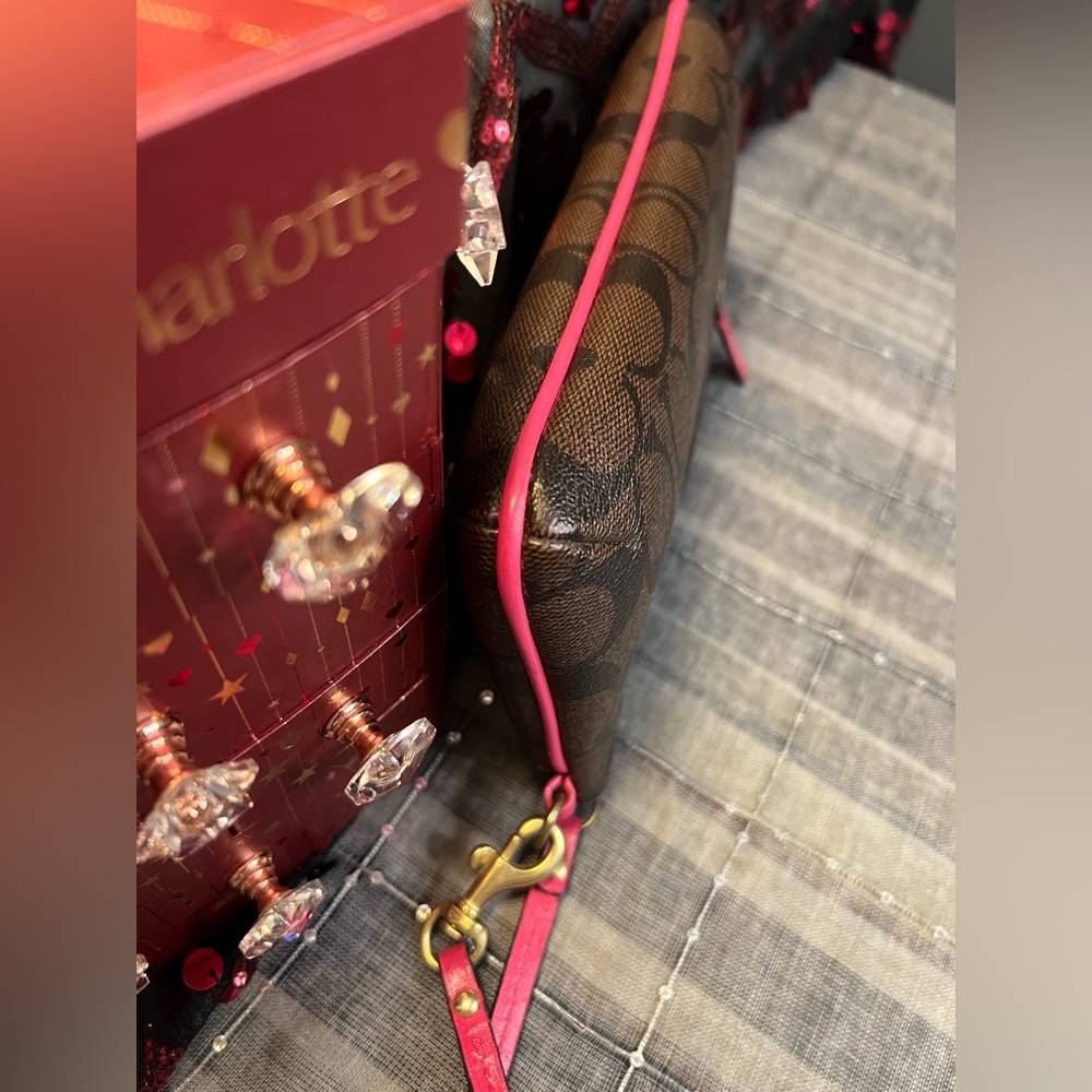 Coach Dark Brown Safiano Signature C Wristlet with Pink Trim - Picture 10 of 13